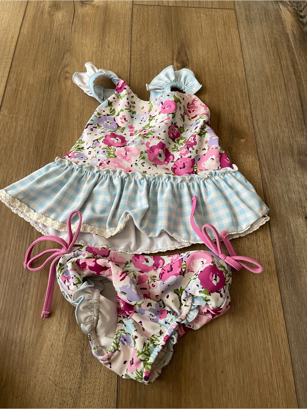 SweetHoney Pink Floral & Light Blue Gingham Girls Two-Piece Swim Set
